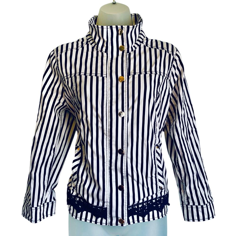 Chico's Navy and White Striped Jacket Lace Trim Zip Up Chico's Size 1 Medium